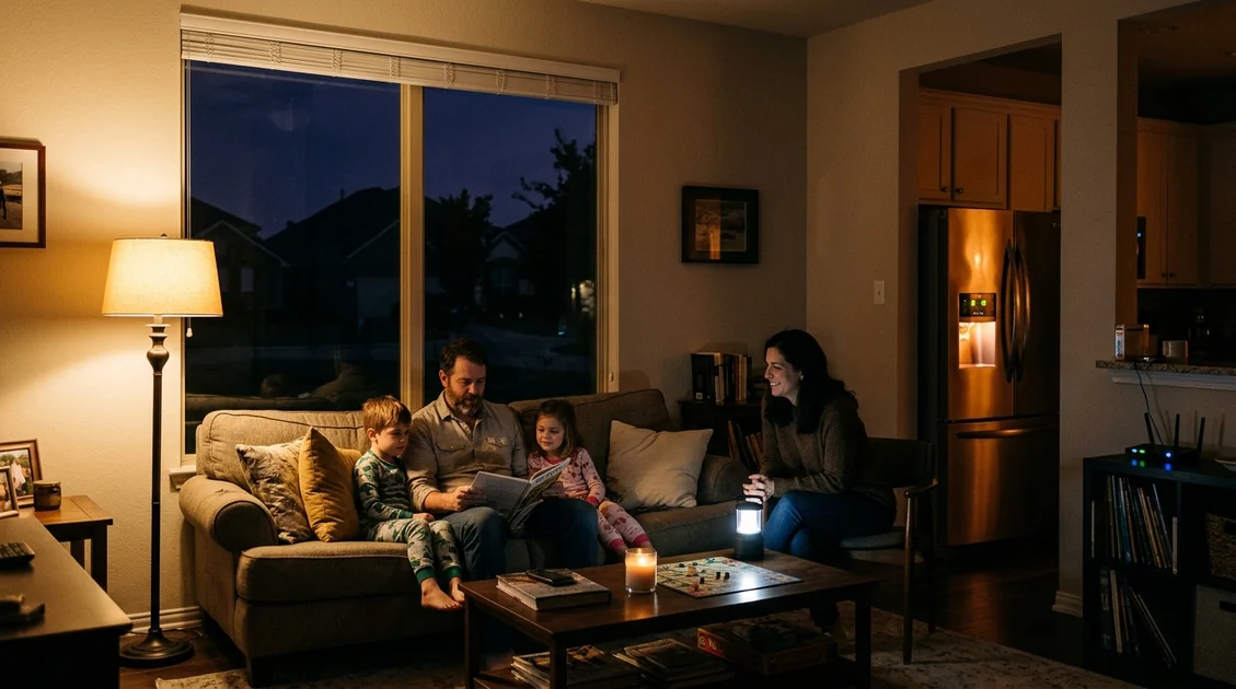 Texas home living room lit by battery backup power during a neighborhood outage at night