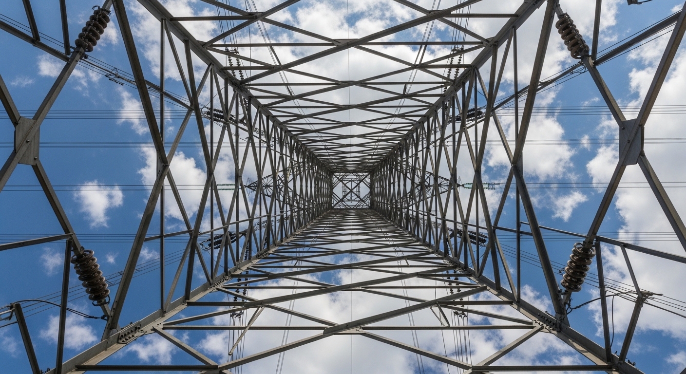 Electrical transmission towers carrying high-voltage power lines across open Texas landscape, viewed from below against a bright blue sky
