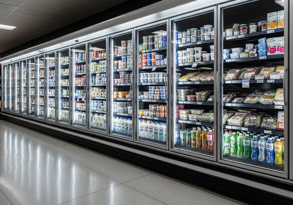 Open multi-deck refrigerated dairy and deli cases on a grocery store sales floor