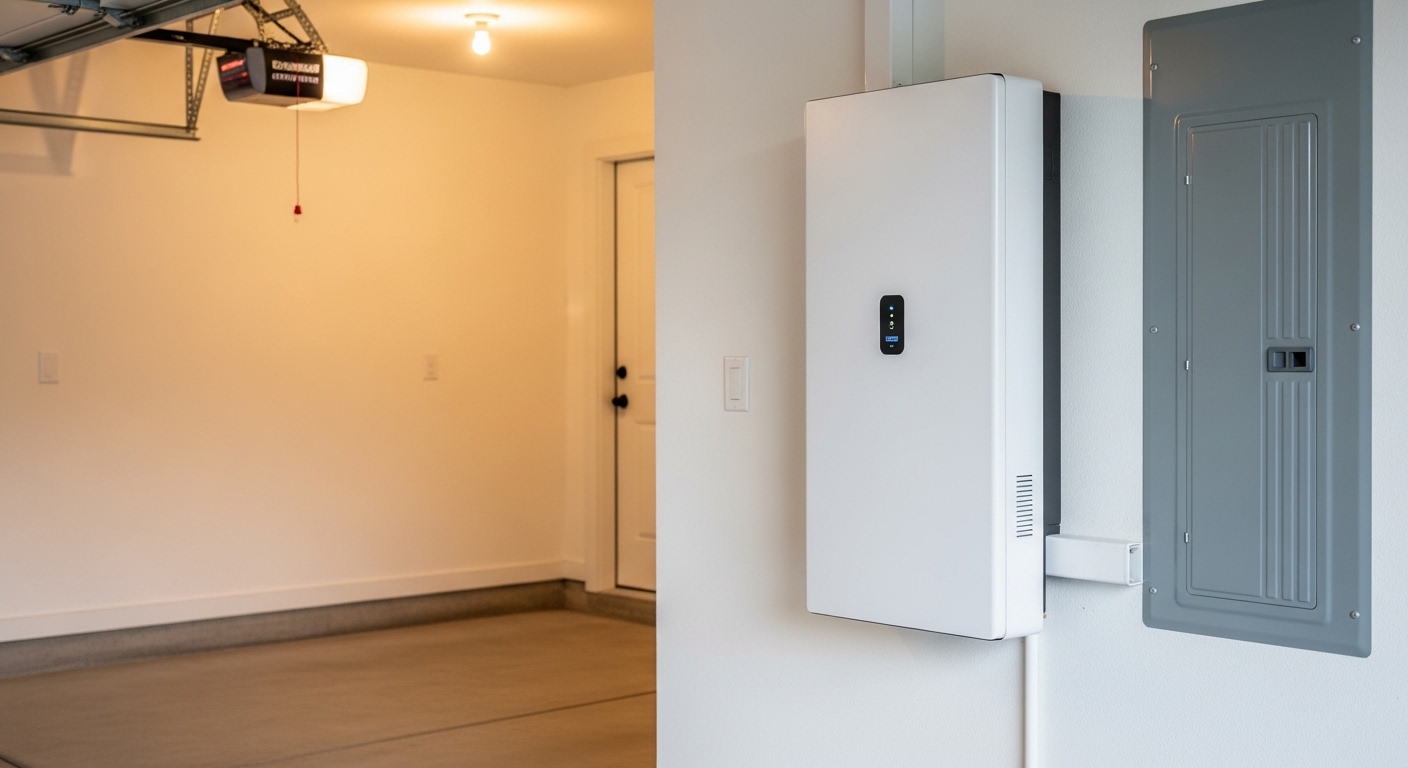 Sleek modern home battery backup unit wall-mounted in a clean residential garage next to an electrical panel