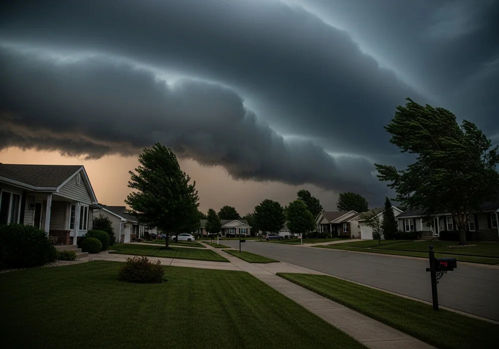 Dark storm clouds rolling over a suburban residential neighborhood, the kind of severe weather that causes Houston power and internet outages