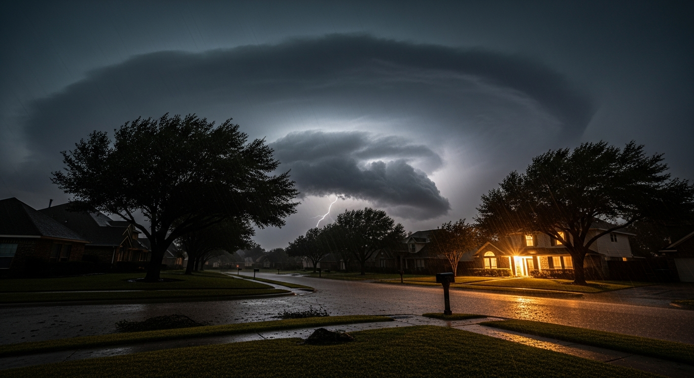 Houston Texas suburban neighborhood during a severe storm, with one house glowing with warm lights while neighboring homes sit dark without power