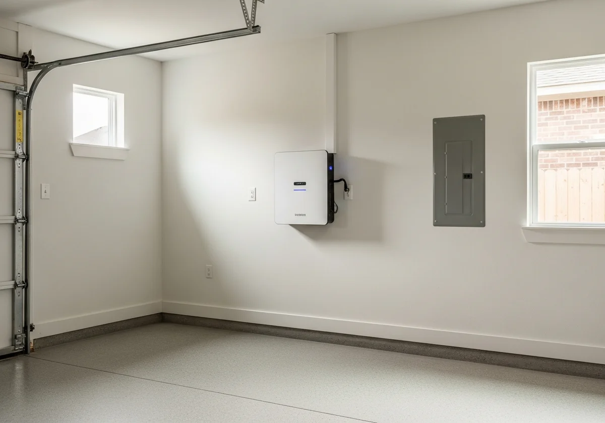Wall-mounted home battery backup unit installed in a shaded Houston garage next to the electrical panel, showing proper placement for Texas heat