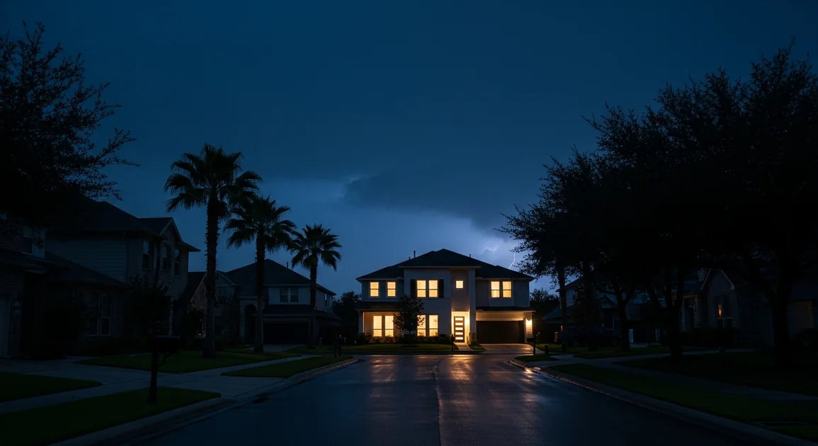 A dark Houston neighborhood at night with one house fully lit from battery backup power, while neighboring homes remain dark
