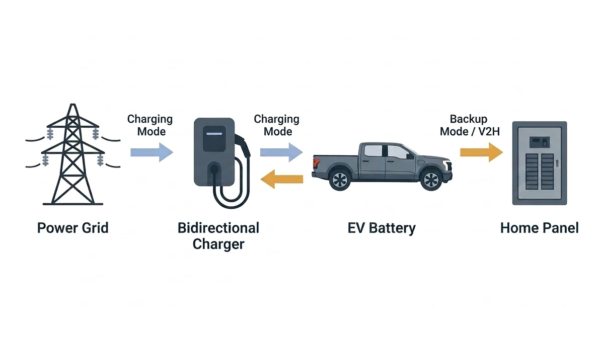 Diagram showing bidirectional V2H power flow: blue arrows from power grid through charger to EV battery in charging mode, amber arrows from EV battery through charger to home panel in backup mode