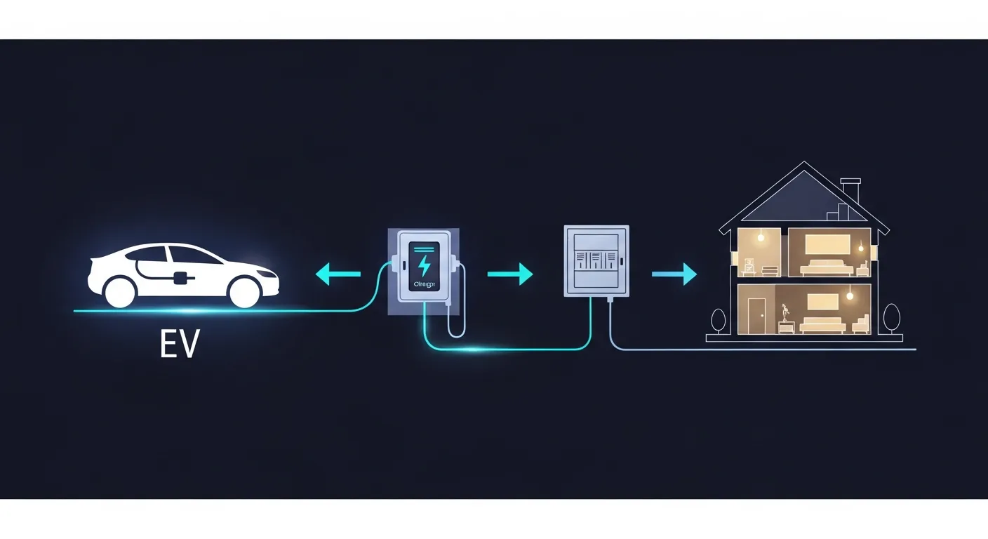 Energy flow diagram showing how V2H works: power flows from an electric vehicle through a bidirectional charger and transfer switch into the home electrical panel