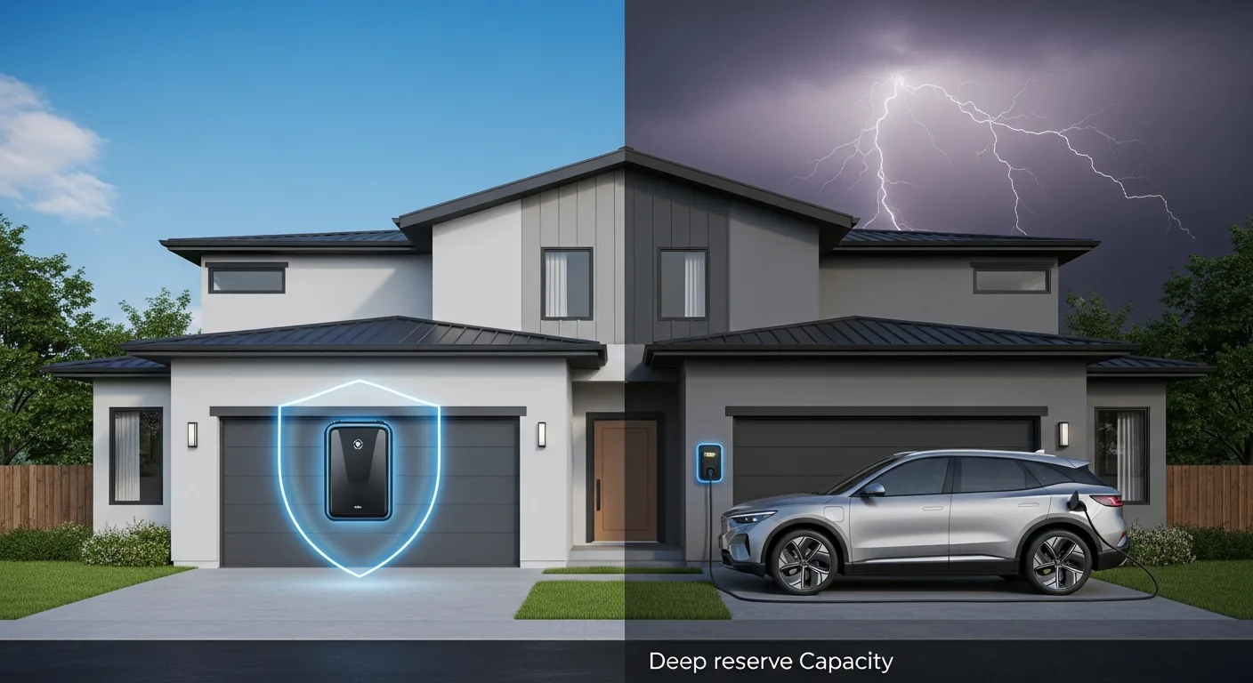 Hybrid home backup concept showing a stationary battery for instant switchover paired with an EV for deep reserve capacity