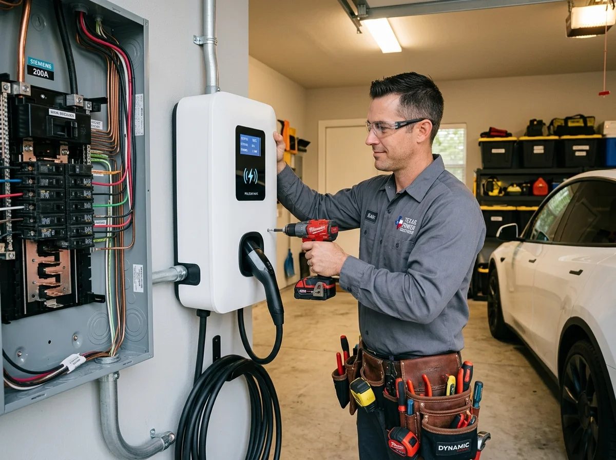 Licensed electrician installing a bidirectional EV charger next to a 200A electrical panel in a Houston residential garage
